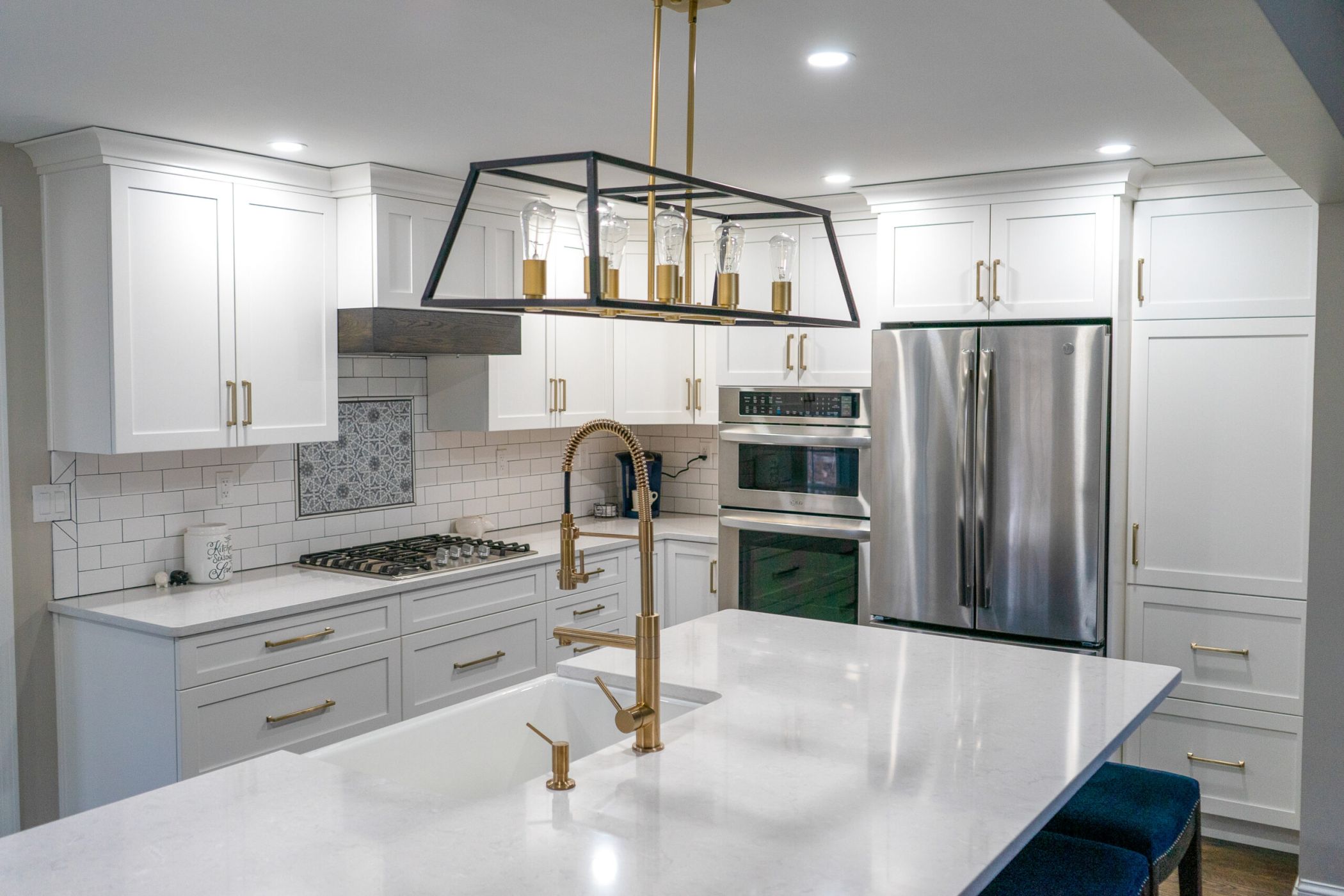 Large White Kitchen with Blue Cabinets